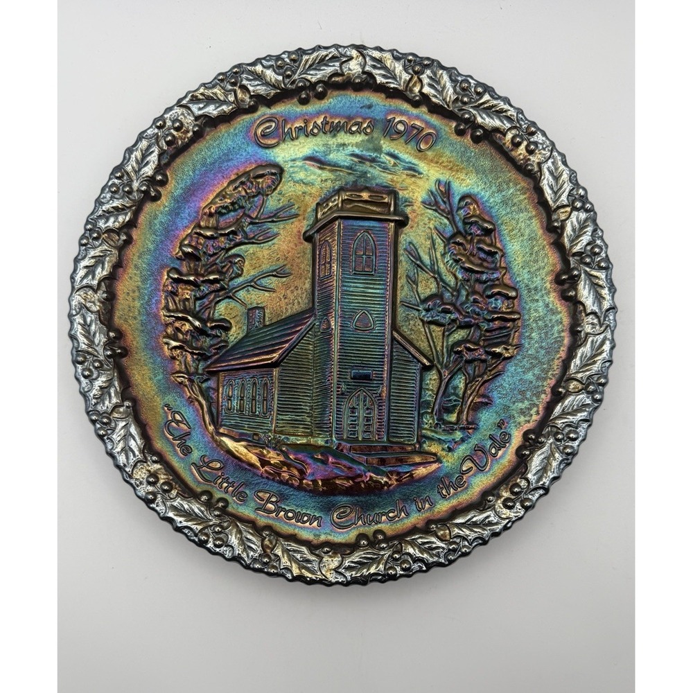 Vintage 1970 Fenton Carnival Glass Christmas Plate Little Brown Church Iowa 8"